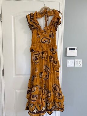 Ruffled Mustard Maxi Dress with Floral Medallion Print